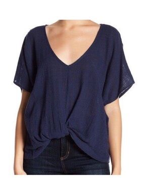 Hiatus Front Twist Woven Top Relaxed Fit V neck Blouse Cotton Lagenlook Navy - S